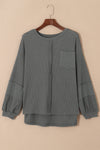 Gray Exposed Seam Patchwork Bubble Sleeve Waffle Knit Top-Tops-MomFashion