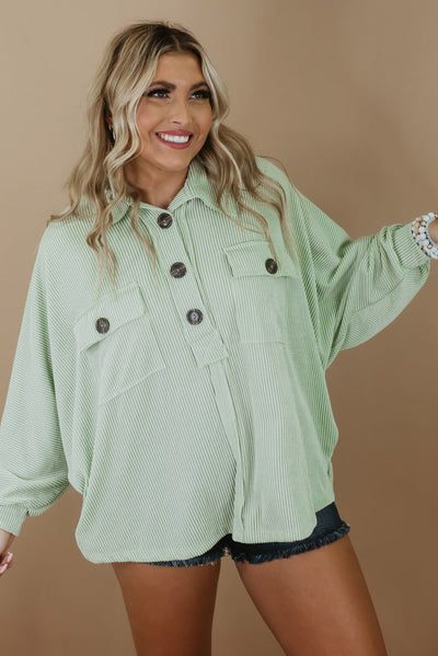 Green Plus Size Ribbed Pocketed Long Sleeve Henley Top-Plus Size-MomFashion