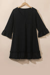 Black Plus Size Ruffled Trim 3/4 Sleeve Dress-Plus Size-MomFashion