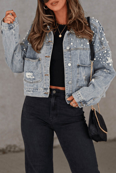 Sky Blue Distressed Pearls Star Cropped Denim Jacket-Outerwear-MomFashion