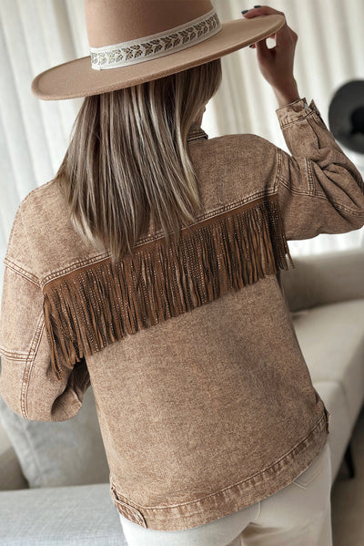 Brown Rhinestone Fringed Cowgirl Fashion Denim Jacket-Outerwear-MomFashion