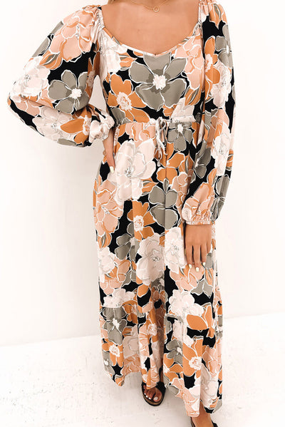 Tie Waist Puff Sleeve Bold Floral Maxi Dress-Dresses-MomFashion