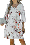 White V Neck 3/4 Sleeve Floral Dress-Dresses-MomFashion