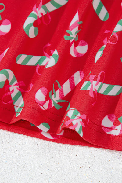 Red Christmas Candy Cane Print Pocketed Knotted Pajama Set-Loungewear & Sleepwear/Sleepwear-MomFashion