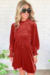 Red Clay Frilled Neck Smocked Bodice Velvet Dress-Dresses-MomFashion