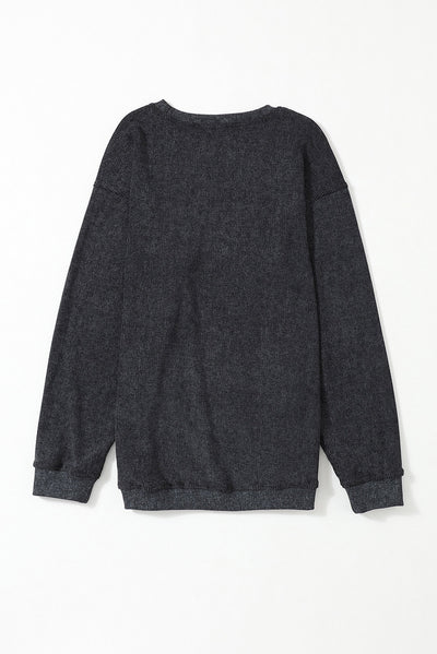 Black Solid Ribbed Knit Round Neck Pullover Sweatshirt-Tops-MomFashion