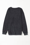 Black Solid Ribbed Knit Round Neck Pullover Sweatshirt-Tops-MomFashion