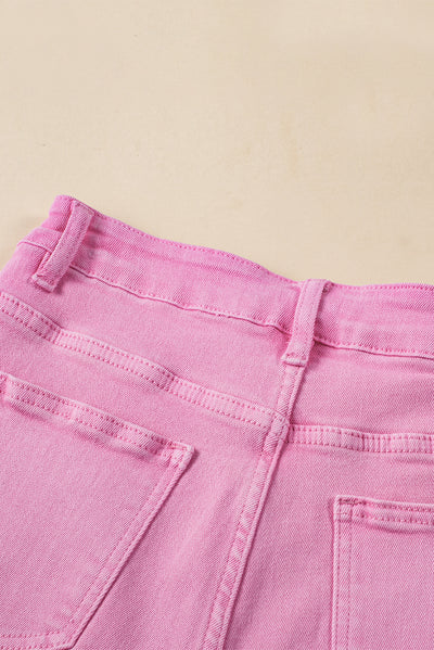 Pink Frayed Edge Mid Rise Denim Shorts-Bottoms-MomFashion