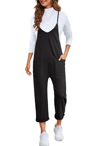 Black Pocketed Adjustable Spaghetti Strap Straight Leg Jumpsuit-Bottoms-MomFashion