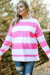 Pink Striped Side Slit Plus Size Sweatshirt-Plus Size-MomFashion