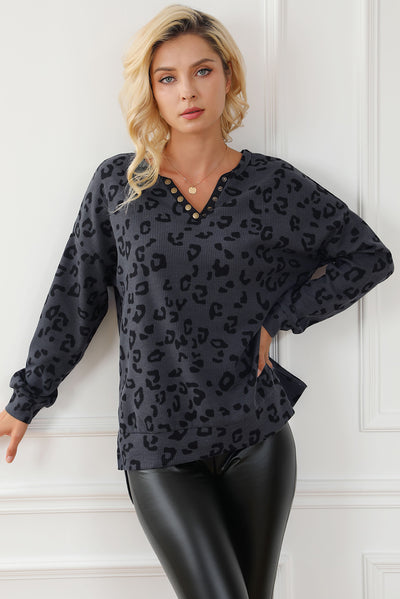 Gray Leopard Print Button Split Neck Waffle Sweatshirt-Tops-MomFashion