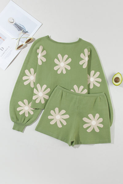 Green Flower Print Bubble Sleeve Knitted Sweater and Shorts Set-Loungewear-MomFashion