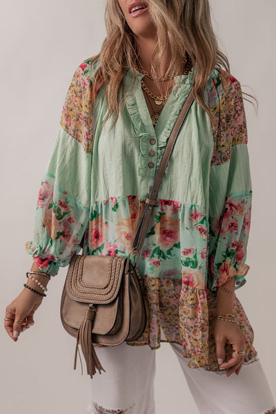 Green Printed Floral Patchwork Frilled Split Neck Blouse-Tops-MomFashion