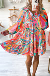 Multicolor Geometric Print Split Neck Ruffle Tiered Mini Dress-Dresses-MomFashion