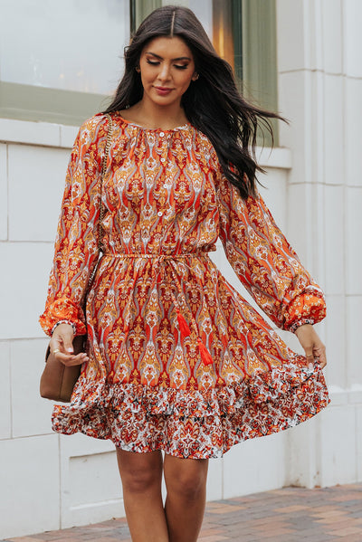 Orange Western Pattern Print Lantern Sleeve Drawstring Mini Dress-Dresses-MomFashion