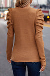 Chestnut Solid Color Textured Buttoned Gigot Sleeve Top-Tops-MomFashion