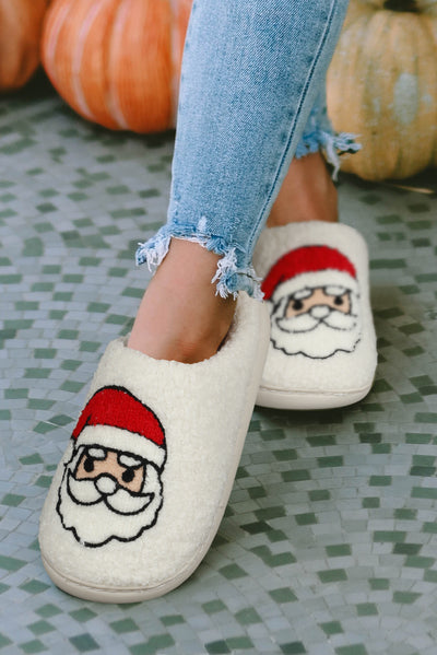 White Christmas Santa Clause Graphic Plush Slippers-Shoes & Bags-MomFashion