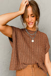 Chestnut Crew Neck Cable Knit Short Sleeve Sweater-Tops-MomFashion