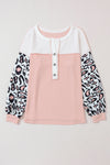 Pink Leopard Sleeve Patchwork Waffle Knit Top-Tops-MomFashion