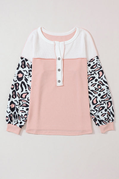 Pink Leopard Sleeve Patchwork Waffle Knit Top-Tops-MomFashion