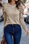 Khaki Buttoned Puff Long Sleeve Sheath Top-Tops-MomFashion