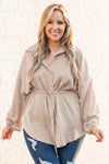 Light French Beige Plus Size Puff Sleeve Tied Tunic Shirt-Plus Size-MomFashion