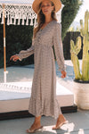 Smoke Gray Dotty Print Button V Neck Long Sleeve Ruffled Dress-Dresses-MomFashion