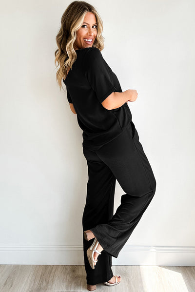 Black Solid Color T Shirt 2pcs Wide Leg Pants Set-Two Piece Sets/Pant Sets-MomFashion