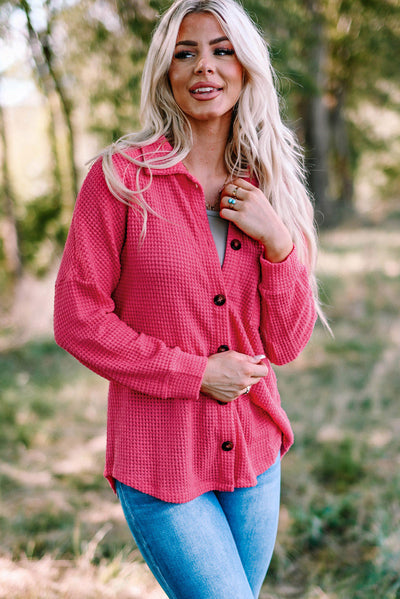 Pink Waffle Knit Button Up Casual Shirt-Tops-MomFashion