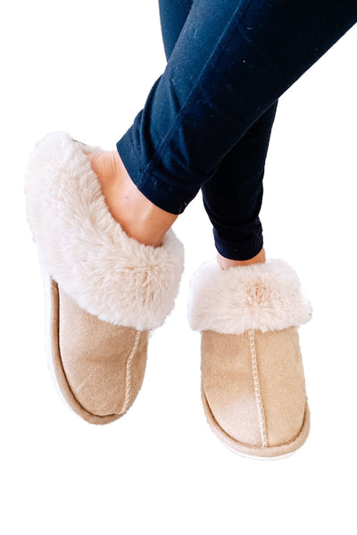 Khaki Cut and Sew Faux Suede Plush Lined Slippers-Shoes & Bags-MomFashion