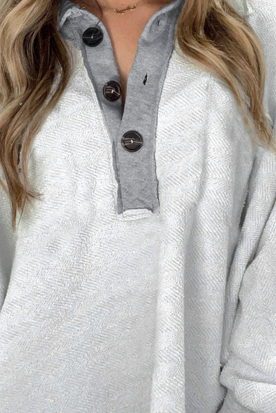 White Textured Side Pockets Buttoned Neckline Sweatshirt-Tops-MomFashion