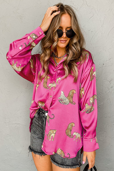 Rose Cheetah Animal Print Button Up Satin Shirt-Tops-MomFashion