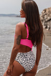 Rose Leopard Patchwork Asymmetric Cutout One Piece Swimsuit-Swimwear-MomFashion