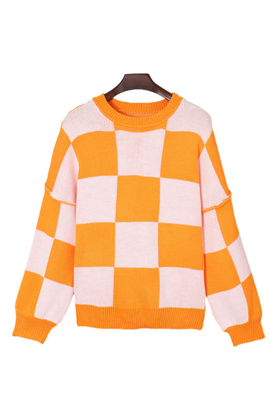 Orange Checkered Bishop Sleeve Sweater-Tops-MomFashion