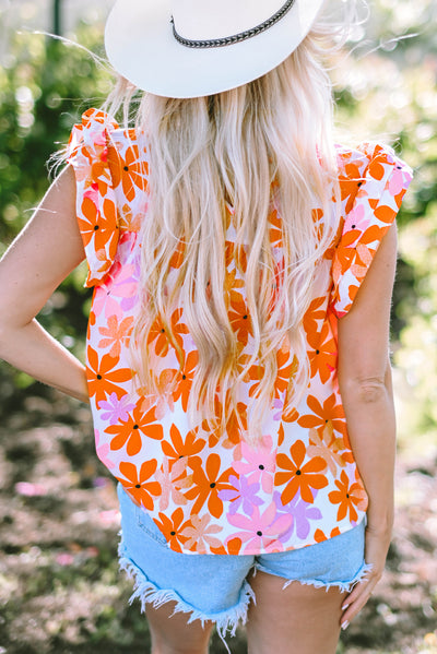 Orange Ruffled Sleeve Smocked Floral Top-Tops-MomFashion