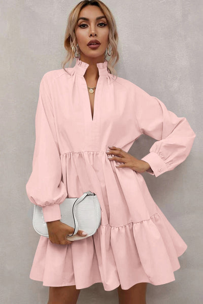 Pink Frilled Stand Collar Long Sleeve Ruffle Dress-Dresses-MomFashion