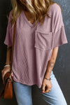 Valerian Corded V Neck Chest Pocket Loose T-shirt-Tops-MomFashion