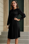 Black Twist Front Tie Back Long Sleeve Satin Dress-Dresses-MomFashion