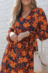 Orange Floral Print Faux Wrap Belted Dress-Dresses-MomFashion