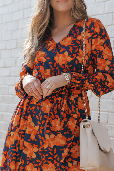 Orange Floral Print Faux Wrap Belted Dress-Dresses-MomFashion