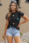 Black Embroidered Flower Short Puff Sleeve Tee-Tops-MomFashion