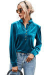 Green Frilled Neck Buttoned Front Velvet Top-Tops-MomFashion