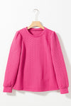 Rose Red Cable Textured Puff Sleeve Sweatshirt-Tops-MomFashion