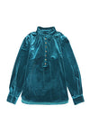 Green Frilled Neck Buttoned Front Velvet Top-Tops-MomFashion