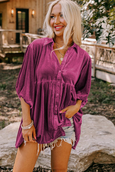 Pitaya Pink 3/4 Sleeve Tunic Babydoll Velvet Shirt-Tops-MomFashion