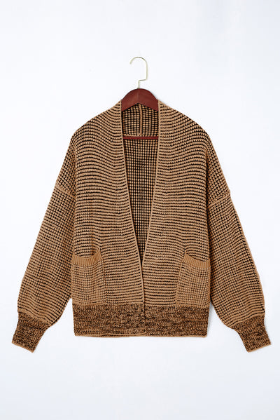 Brown Chunky Waffle Knit Oversized Collar Cardigan-Tops-MomFashion