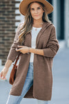 Brown Horizontal Rib Knitted Open Front Hooded Cardigan-Tops-MomFashion