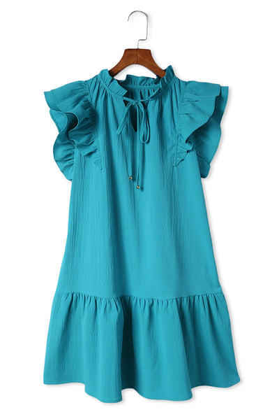 Green Tiered Ruffled Sleeves Mini Dress with Pockets-Dresses-MomFashion