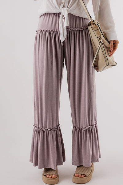 Khaki Frilled Drawstring High Waist Wide Leg Pants-Bottoms-MomFashion