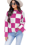 Bright Pink Checkered Round Neck Baggy Sweater-Tops-MomFashion